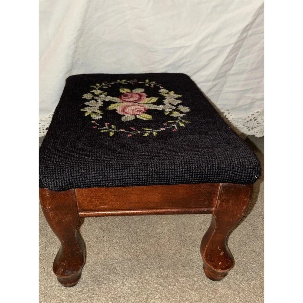 Vtg Victorian Style Needlepoint Maroon Roses Floral Footstool Stool Wood Legs